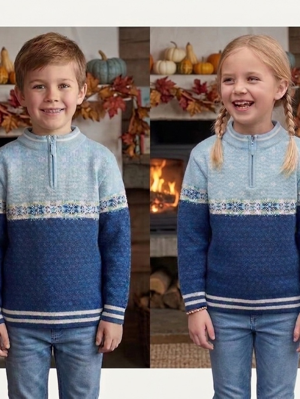 Hanna Andersson Quarter-Zip Sweater Unisex Sz 10 Blue Fair Isle Nordic Cotton